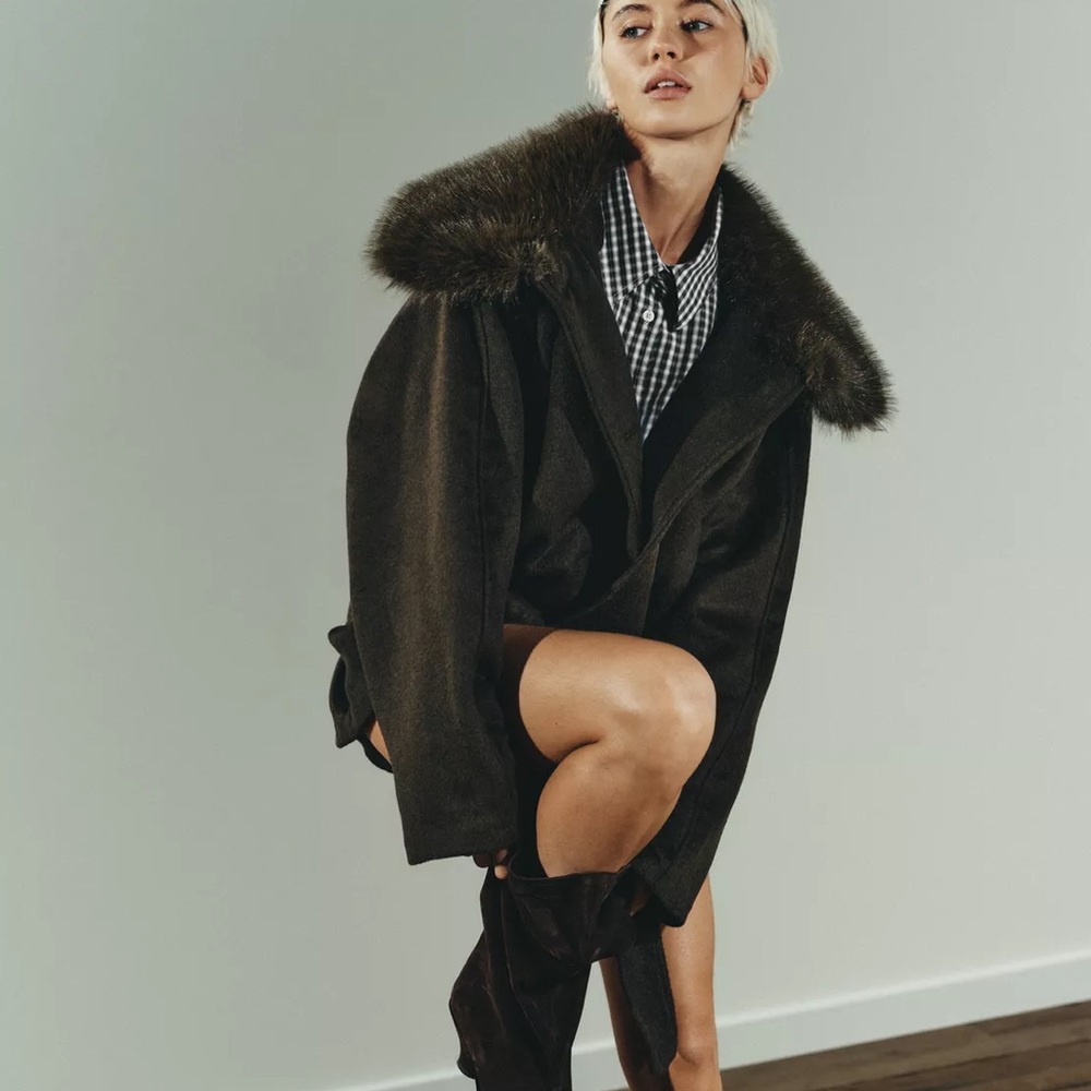 Zara Wool Blend Coat with Faux Fur Collar